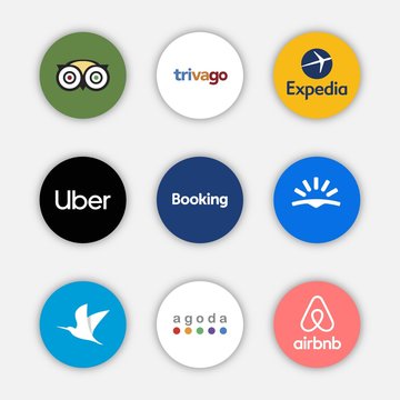 Social network travelling application icon, social media logos of TripAdvisor, Uber, Traveloka, Trivago, Booking, Agoda, Expedia, SkyScanner, Airbnb