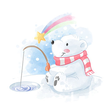 Cute Polar Bear Fishing With Meteor Illustration