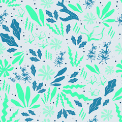 Underwater seamless pattern with various blue green seaweed, corals in flat style on grey background. Endless kid texture with hand drawn undersea world. Nautical backdrop.Vector illustration