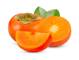 ripe persimmons with leaf isolated on white background
