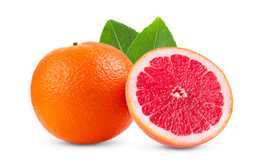 pink orange or grapefruit with leaf isolated on white background