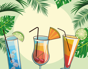 tropical cocktails drinks over tropical leaves and retro style background