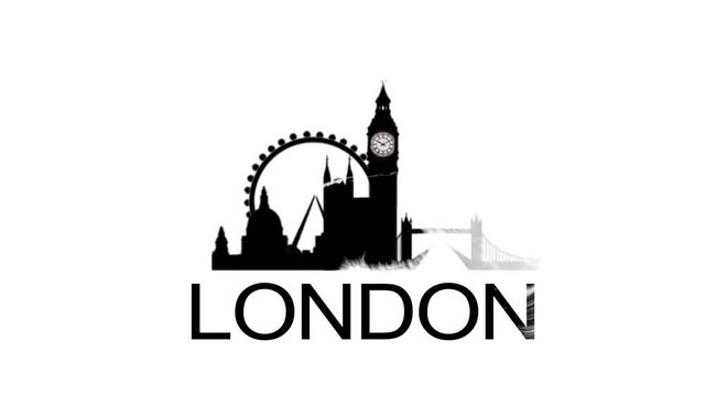 London title reveal with silhouette skyline. Ink concept revealing famous landmarks