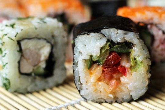 Sushi rolls so close, japanese food