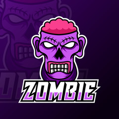 Crazy zombie scary brain mascot gaming logo design vector template