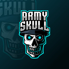 Skull army hat mascot gaming logo design vector template