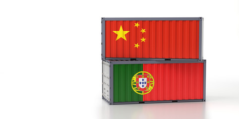 Two freight container with China and Portugal flag.  3D Rendering