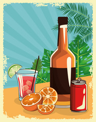 whisky bottle with cocktail and soda can overtropical leaves and retro style background