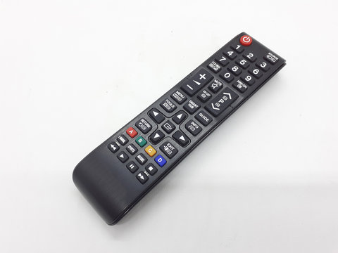 Black Plastic Luxury Modern Wireless Infrared Technology Remote Control of Television Movie Video with Rubber Material Colorful Buttons in White Isolated Background