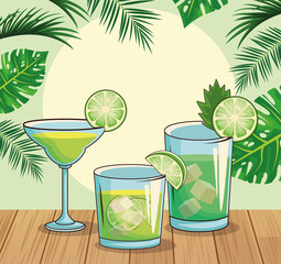green cocktails over tropical leaves and retro style background