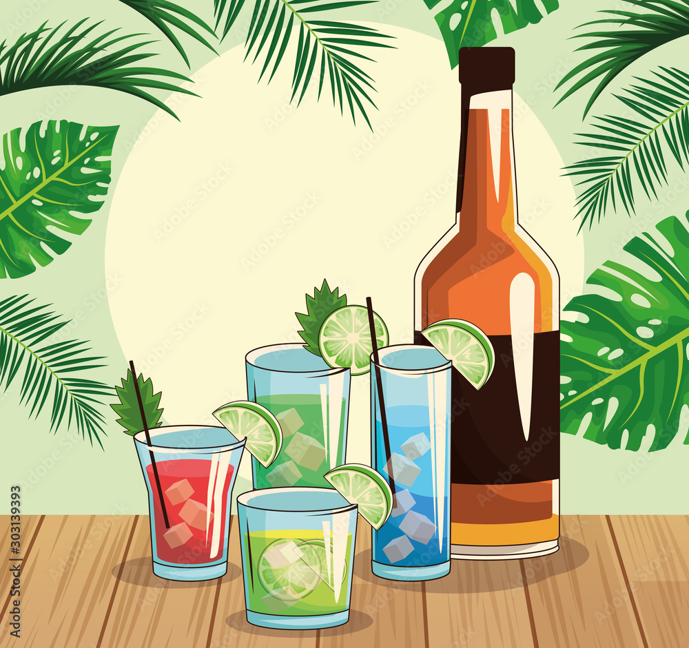 Canvas Prints whisky bottle and tropical cocktails over tropical leaves and retro style background