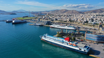 Aerial drone panoramic photo of famous busy port of Piraeus which is the largest in Greece and...