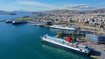 Fotobehang Aerial drone panoramic photo of famous busy port of Piraeus which is the largest in Greece and Mediterranean sea, Attica © aerial-drone