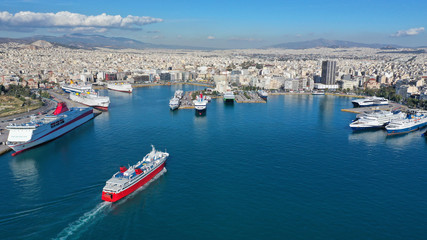 Fototapeta na wymiar Aerial drone panoramic photo of famous busy port of Piraeus which is the largest in Greece and Mediterranean sea, Attica