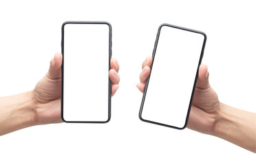 Set of Male hand holding the black smartphone with blank screen isolated on white background with clipping path.