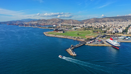 Aerial drone photo of abandoned fertiliser industrial plant next to port of Piraeus where tomb of Ancient Greek Themistoklis was found, Attica, Greece