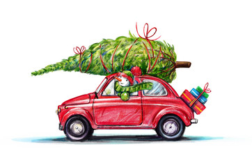 Snowman driving a red car with christmas tree on roof. Hand drawn christmas illustration.  - obrazy, fototapety, plakaty