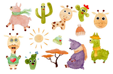 Clipart with cute giraffes and cacti, as well as all your favorite llamas. Suitable for decoration stickers, baby paraphernalia, cute stationery, etc. This set used watercolor paints, as well as water