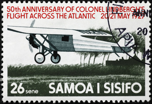 Celebration of Lindbergh's flight across the Atlantic on stamp