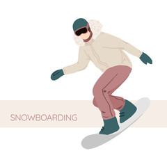 Fototapeta premium Flat vector illustration of snowboard. Winter sport and recreation. Snowboarding resort with young man.