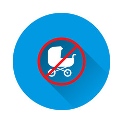 Vector icon sign prohibiting baby stroller. Together with the pram can not go on blue background. Flat image with long shadow.