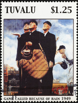 Painting on baseball by Norman Rockwell  on stamp