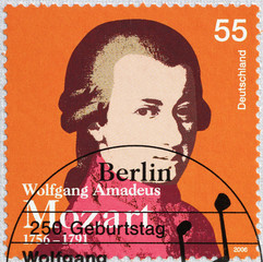 Portrait of Mozart on german postage stamp - obrazy, fototapety, plakaty