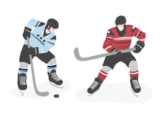 Fototapeta na wymiar vector flat illustration with people skating in rink: men play hockey
