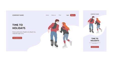 vector flat illustration with people skating in rink: young happy couple holding hands and smiling. Template for website and mobile application screen