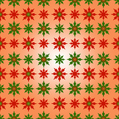 Seamless winter pattern with red and green snowflakes on a orange background. Gradient background. Gift Christmas paper, christmas textiles