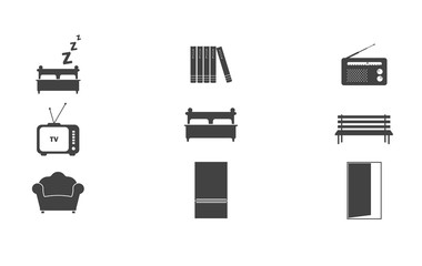Vector icon set Home items icons set. Icons of beds, books and armchairs on white isolated background. Layers grouped for easy editing illustration. For your design.