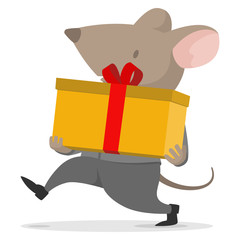 2020 New year rat present gift for business company carrying cute cargo box for Christmas in space grey suite costume and white shirt. Mouse with big pink ears celebrating company party