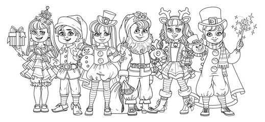 Fototapeta na wymiar Children in carnival costumes of christmas characters color and outlined for coloring page