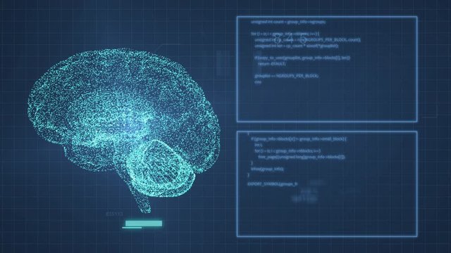 Digital 3D brain scan spinning with hologram style background 01