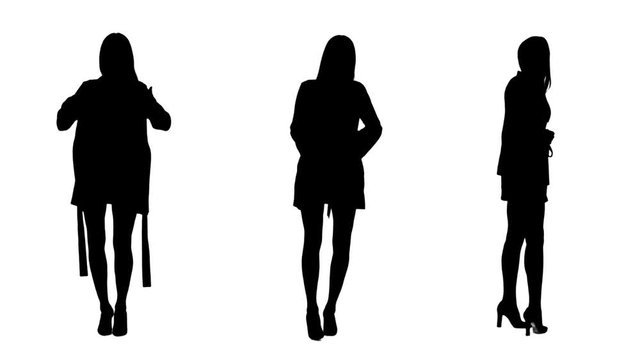 Silhouettes of young women in cardigan preparing getting dressed and undressing isolated on white background. 