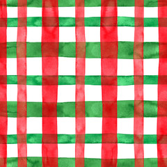Festive red and green plaid checkered seamless pattern with white backdrop. Watercolor hand painted stripes and lines. Christmas themed tartan print for textile, fabric, wrapping paper, wallpapers.