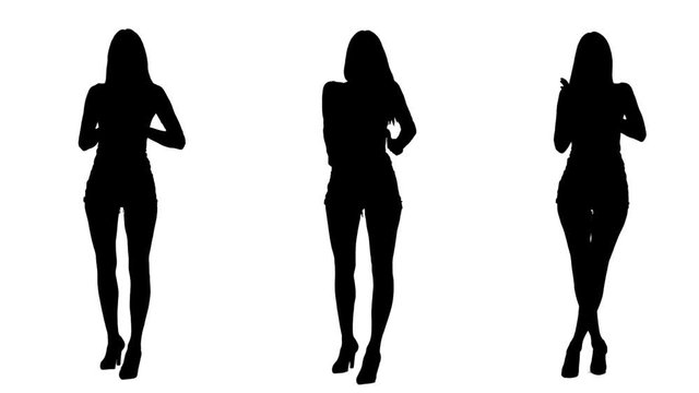 Silhouettes of sexy fashion woman flexing muscles, applauding and with thumb up gestures isolated on white background. 