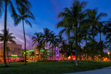 Colorful Ocean Drive in Miami Beach at night, Florida