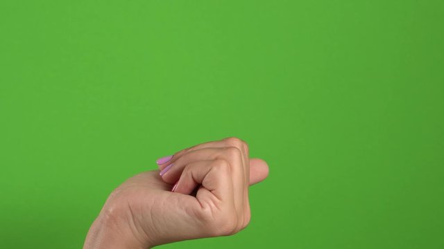 Closeup side view of beautiful manicured female hand making opened palm cupped gesture as if demonstrating or offering invisible object in hand isolated on green background. 4k real time footage.