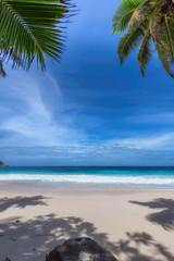 Fototapeta na wymiar Sunny tropical beach background. Summer vacation and tropical beach concept. 