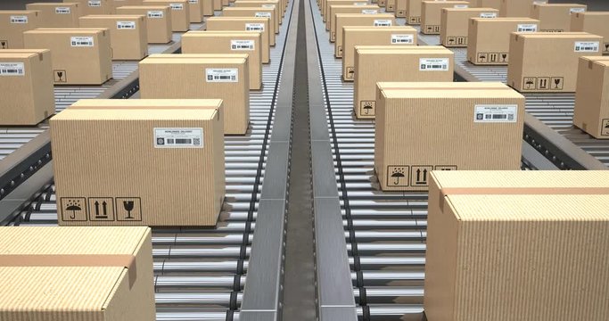 Cardboard boxes on conveyor roller in distribution warehouse, Delivery and packaging service. Loopable animation. 3d video