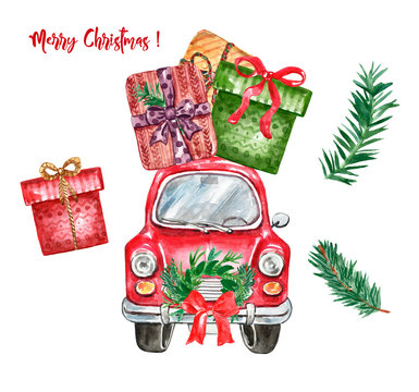 Christmas retro abstract car with gift boxes, pine tree branches, holiday greenery wreath, isolated on white background. Festive winter illustration in cartoon style for cards, greetings.
