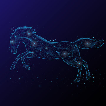 Abstract image horse  in the form of a starry sky or space, consisting of points, lines, and shapes in the form of planets, stars and the universe. 3D Low poly vector background