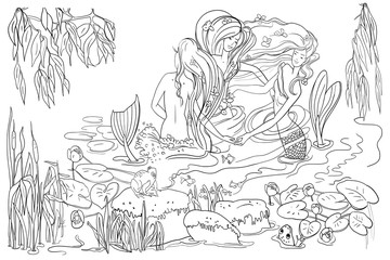 Evening pond, mermaids with long beautiful hair, willow branches, river plants and flowers, frogs, mermaids dance, linear drawing, coloring book