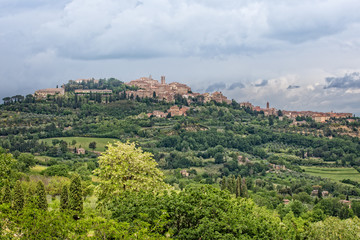 The medieval village of Montepulciano. Tuscany landscape in spring near the hilltop village Montepulciano, Tuscany, Italy