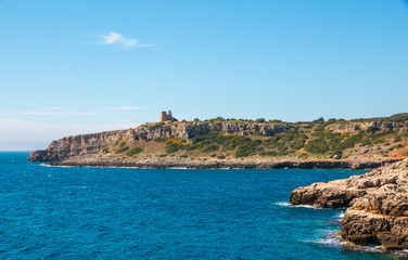 Watchtower near ionian sea (Uluzzo tower in Porto Selvaggio) Apulia, Salento, Italy