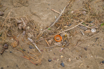 garbage that expels the sea to the beach in the Mediterranean sea