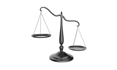 3d illustration of black colored balance scale tipped to one side isolated on white