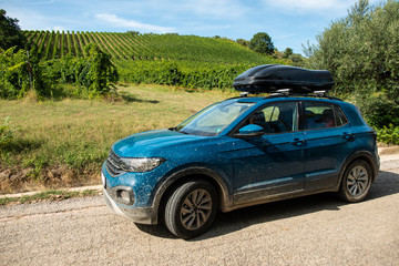 Tourist car in vineyards. Rural tourism concept with car and wine grapes on background.