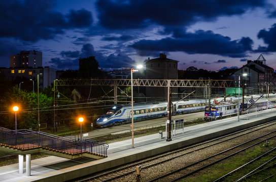 KOLOBRZEG, WEST POMERANIAN / POLAND - 2018: An express trains  at the railway station stands at the platforms ready for departure